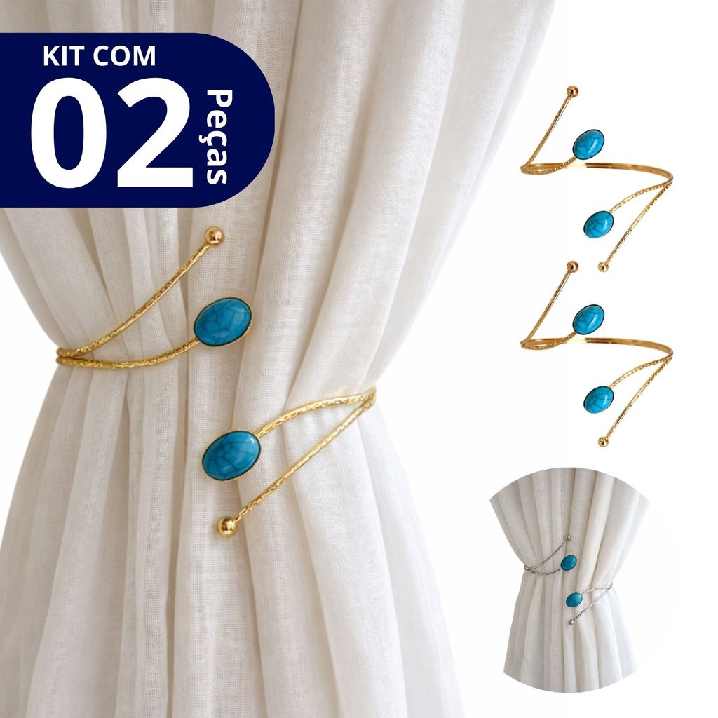 Kit 02 Prendedores de cortina de Metal Pedra Marmorizada Azul