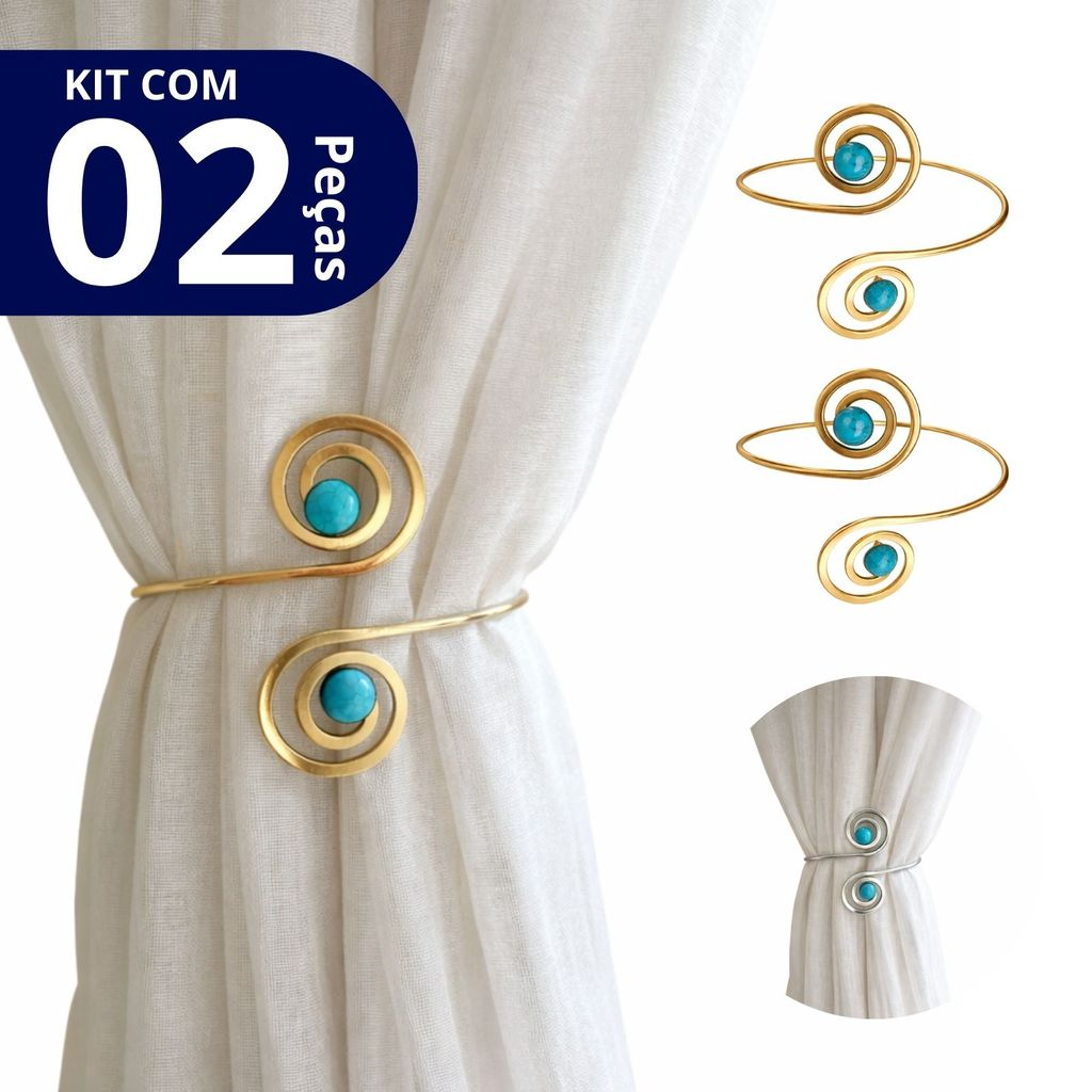 Kit 02 Prendedores de cortina de Metal Pedra Marmorizada Azul Espiral