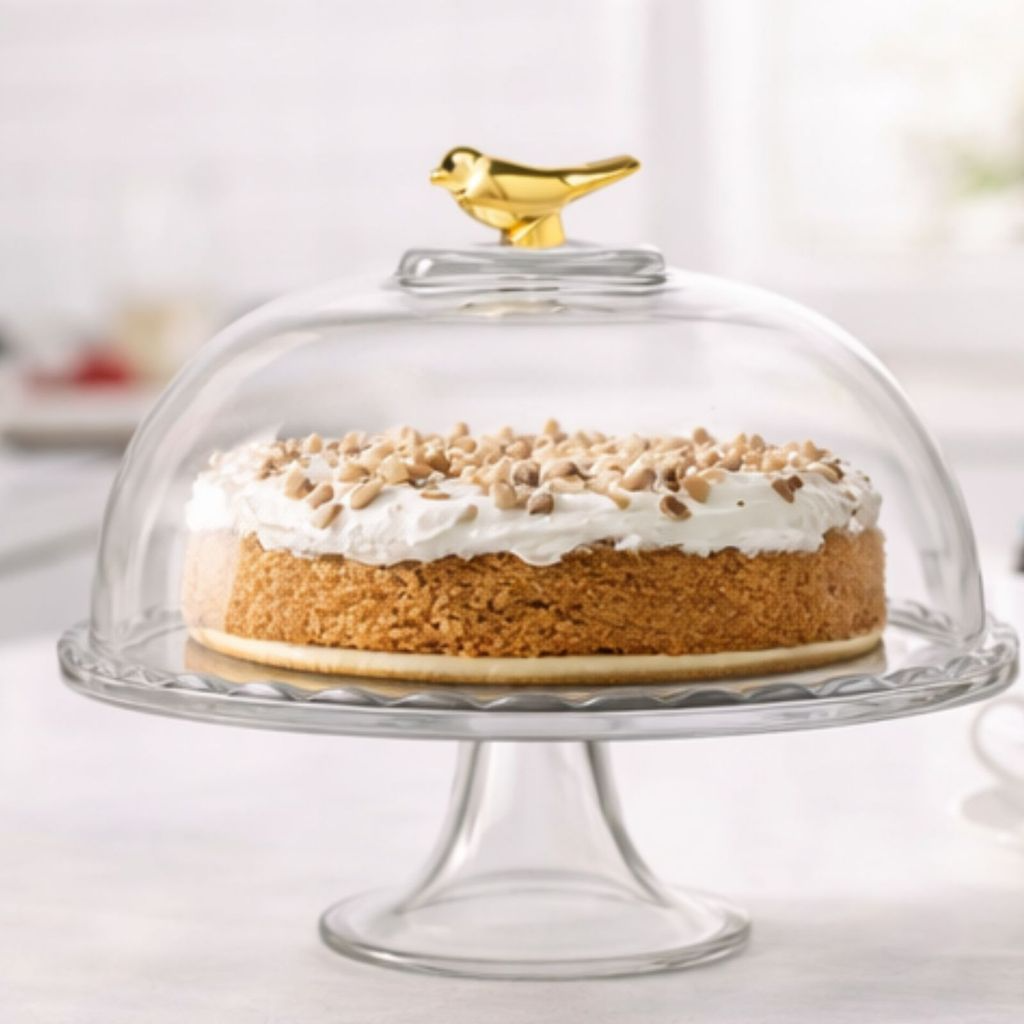 Prato com Pé Boleira de Vidro com Tampa e detalhe de Pássaro Dourado