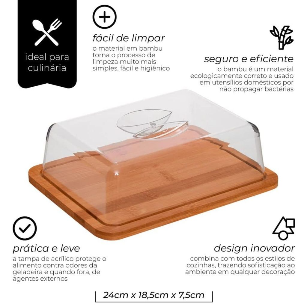 Porta Frios de Bambu com Tampa de Acrílico Grande 8x24