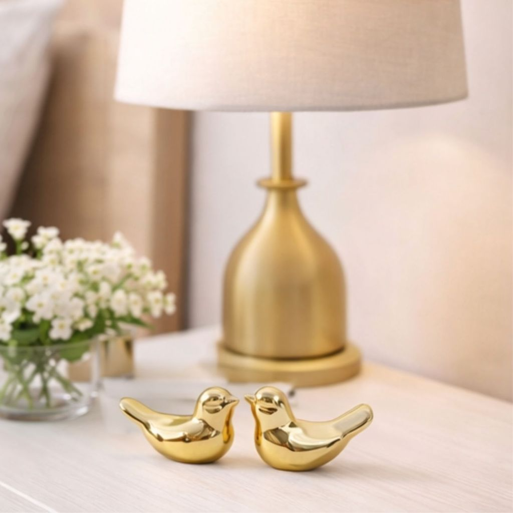 Kit Enfeite Decorativo Par de Pássaros em cerâmica Dourado