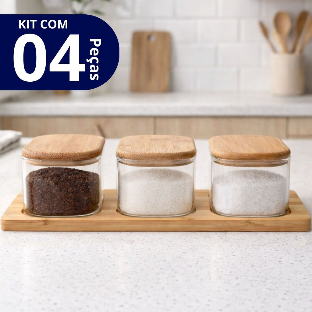 Jogo de 4 Peças Potes Hermetico de Vidro com Vedação e Basse de Bambu
