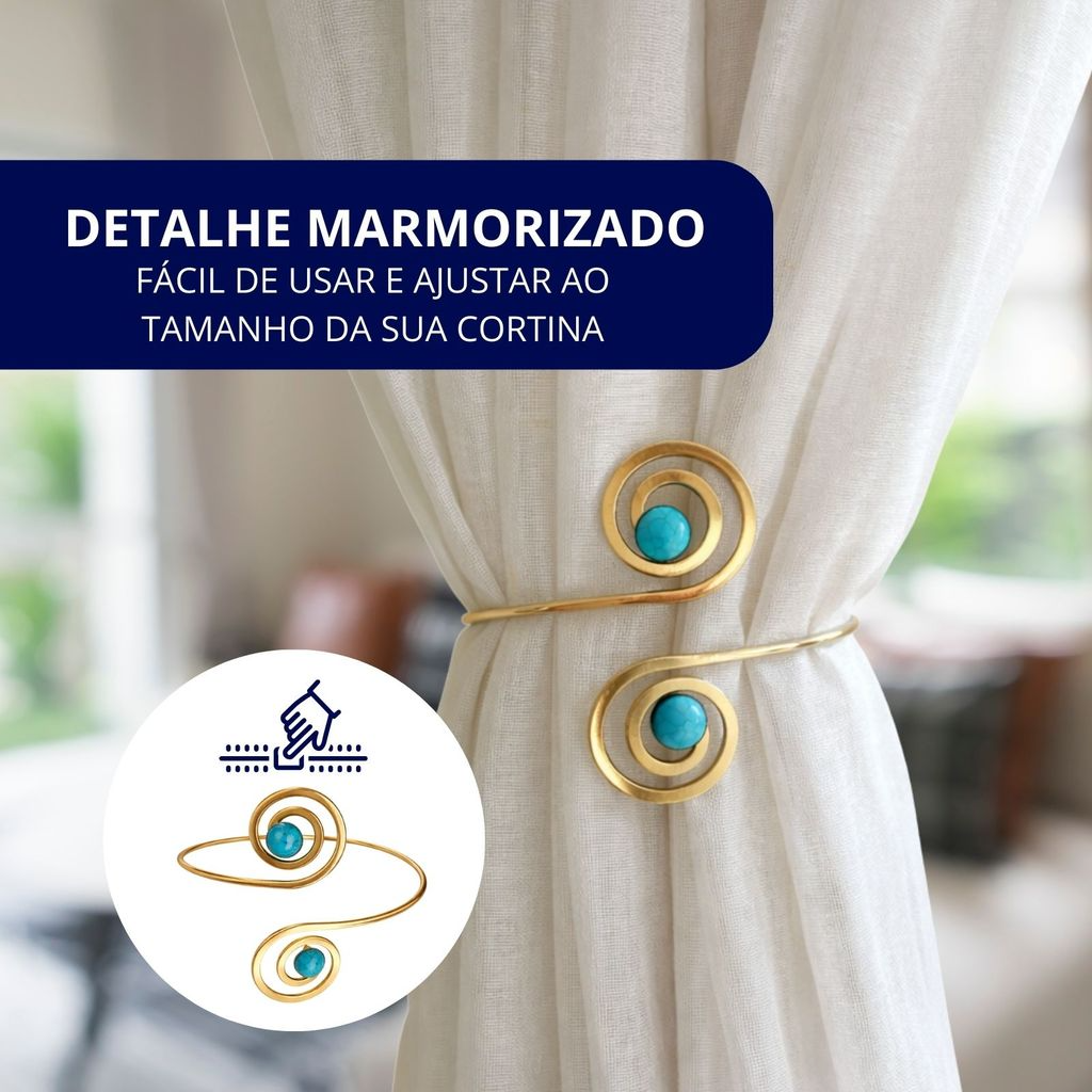 Kit 02 Prendedores de cortina de Metal Pedra Marmorizada Azul Espiral