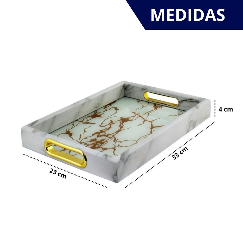Bandeja Decorativa Mármore Branco Dourado Para Sala Quarto Mesa Posta
