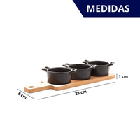 Jogo de 4 Peças Petisqueira Com Bandeja de Bambu e Panelinhas de Cerâmica