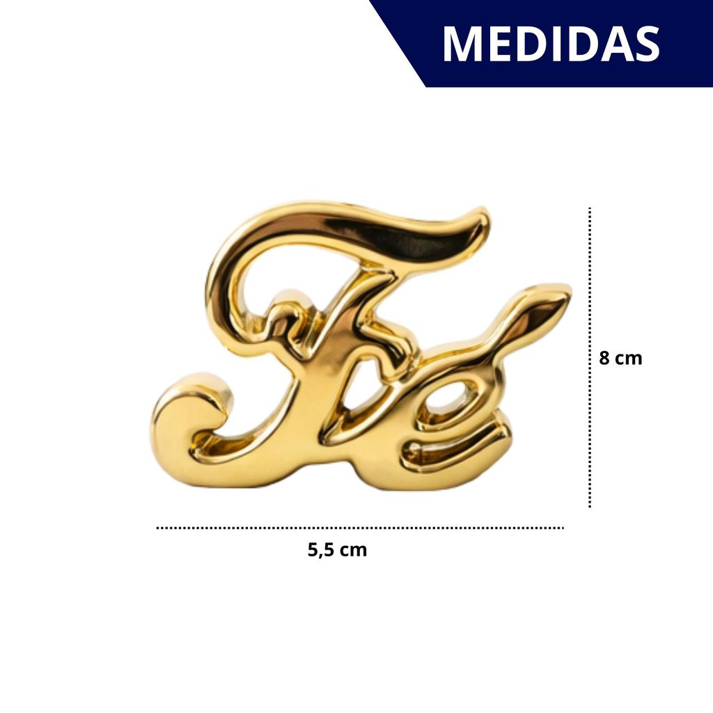 Kit Enfeite Decorativo Palavra Fé em Cerâmica Dourada