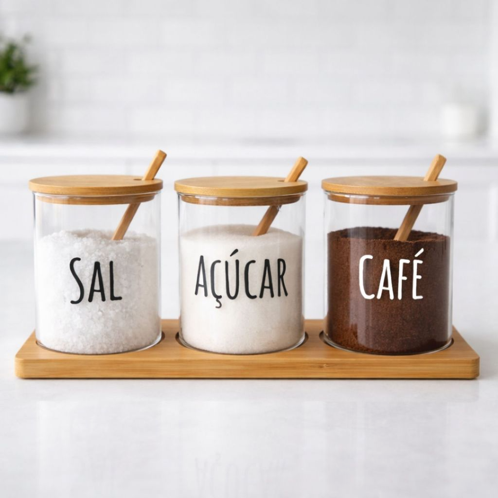 Kit porta Tempero, Sal, Açucar e Café de Vidro com Tampa de Bambu e Colher