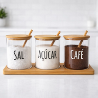 Kit porta Tempero, Sal, Açucar e Café de Vidro com Tampa de Bambu e Colher