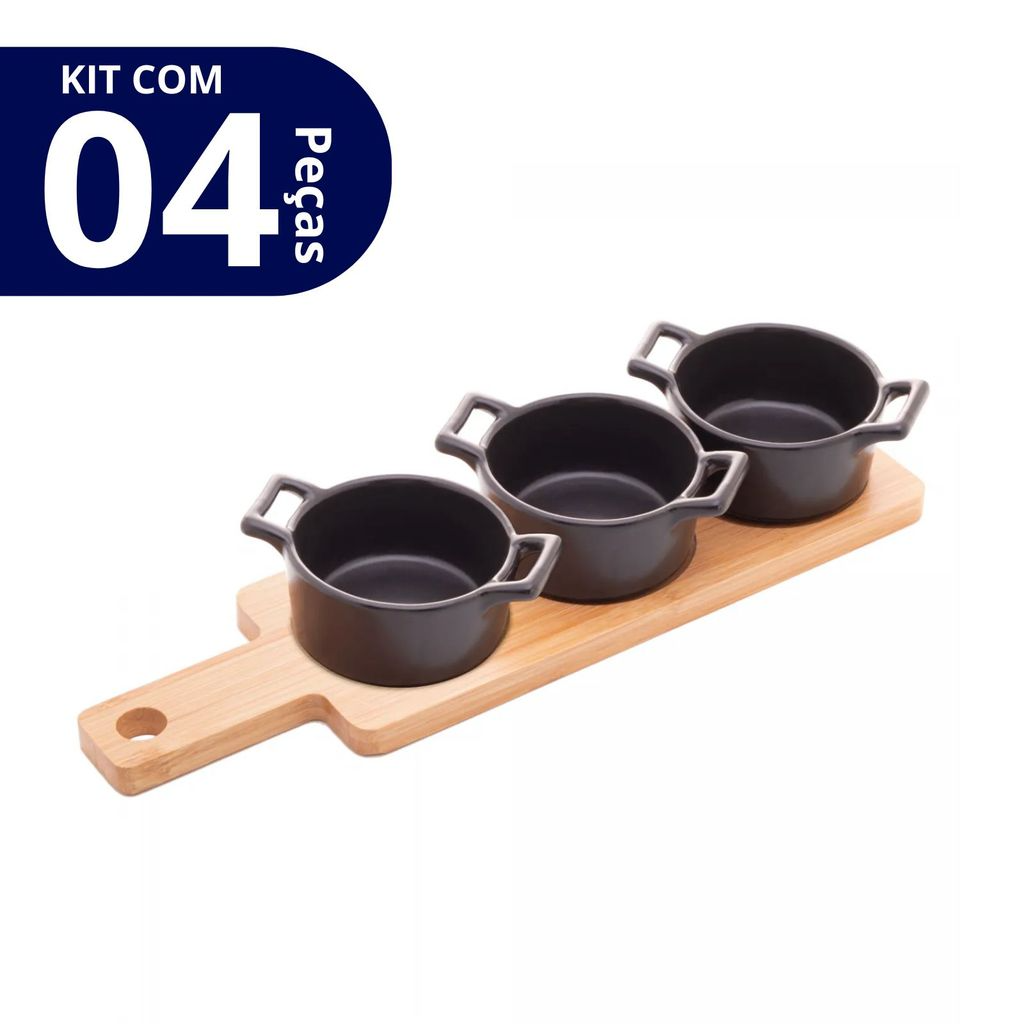 Jogo de 4 Peças Petisqueira Com Bandeja de Bambu e Panelinhas de Cerâmica