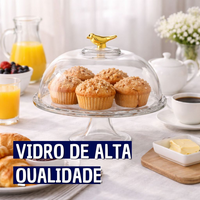 Prato com Pé Boleira de Vidro com Tampa e detalhe de Pássaro Dourado