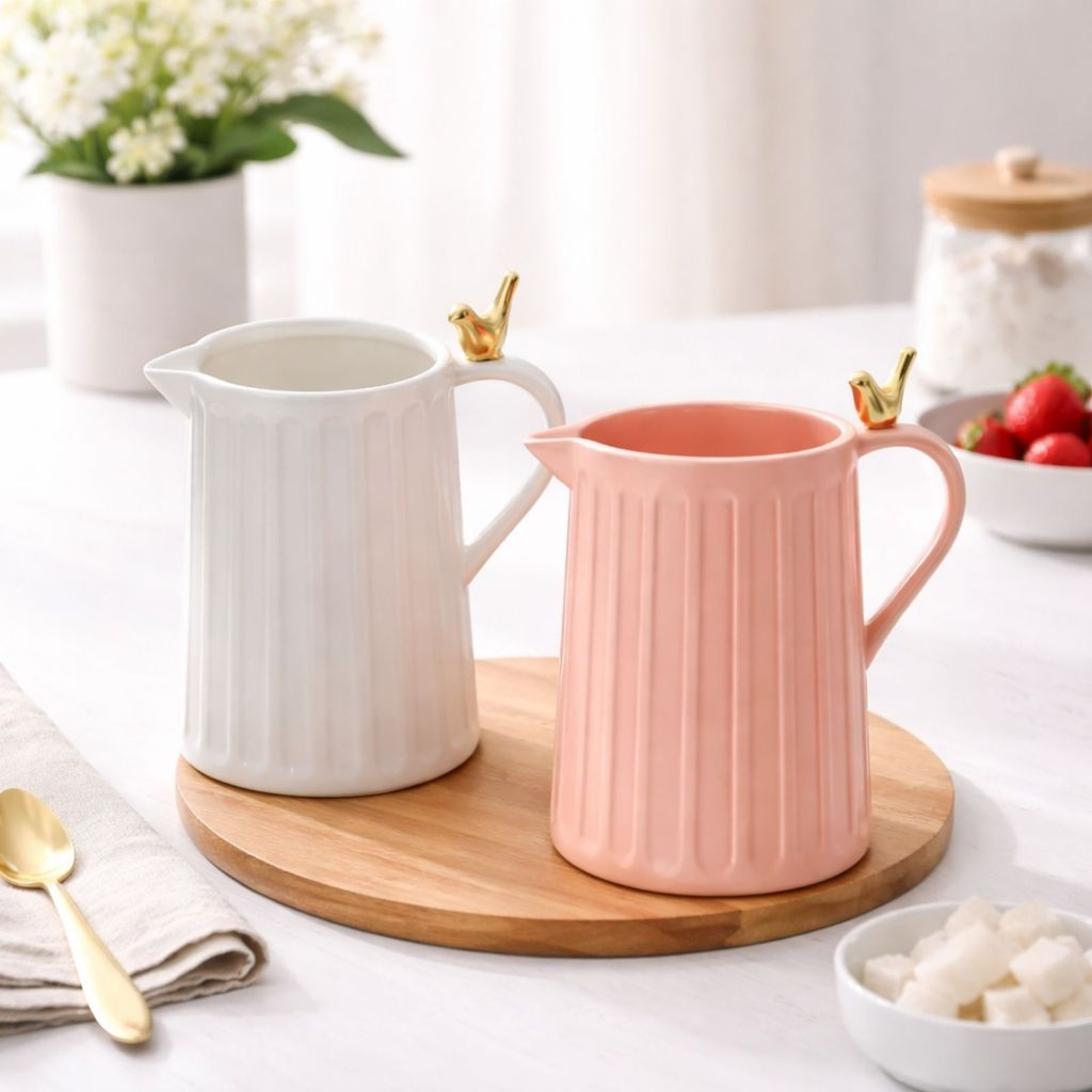 Leiteira em cerâmica com Passaro Colibri Dourado