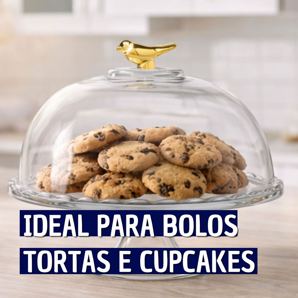 Prato com Pé Boleira de Vidro com Tampa e detalhe de Pássaro Dourado