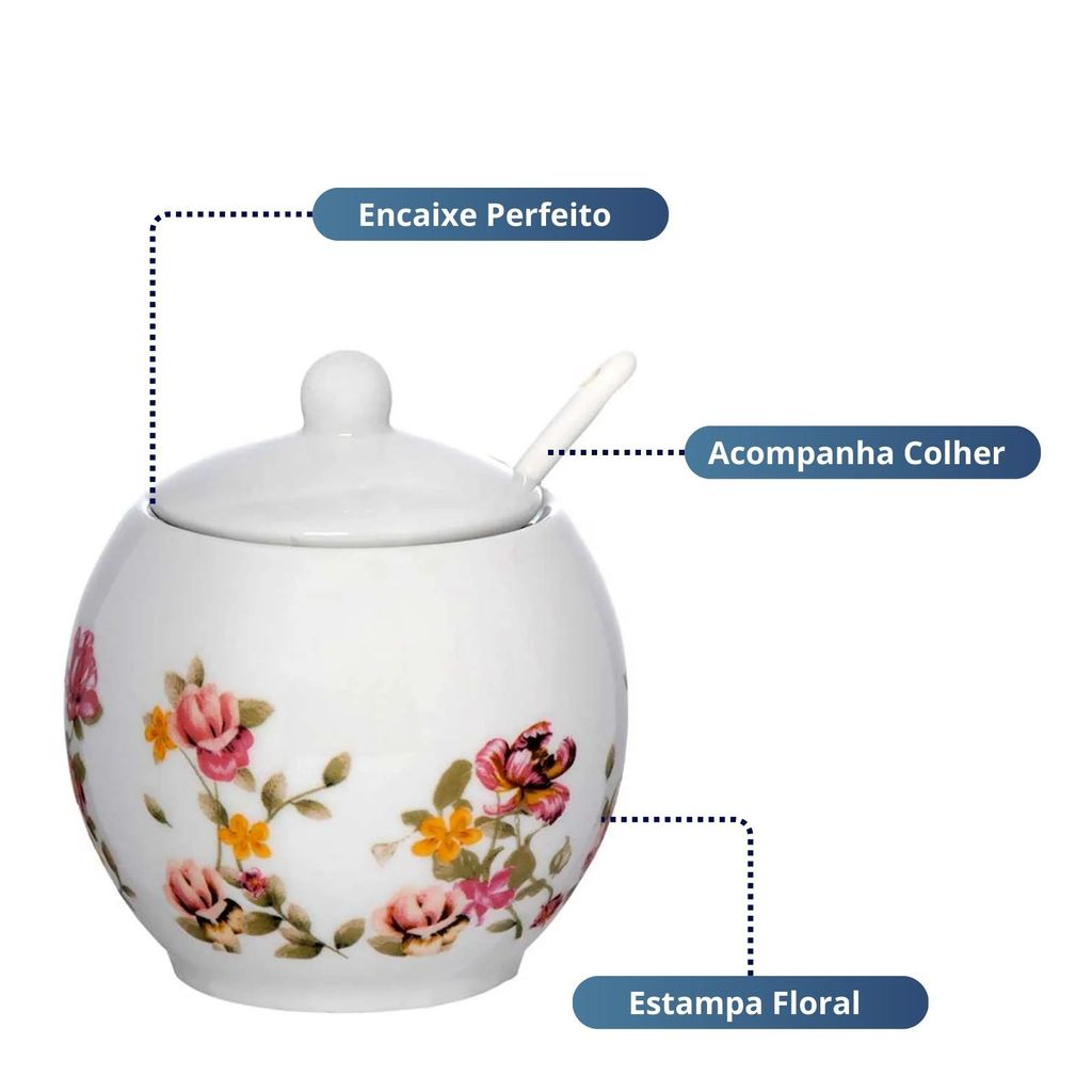 Açucareiro em Cerâmica Branca Com Pintura Floral 350ml