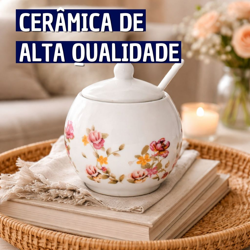 Açucareiro em Cerâmica Branca Com Pintura Floral 350ml