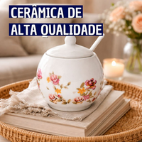 Açucareiro em Cerâmica Branca Com Pintura Floral 350ml