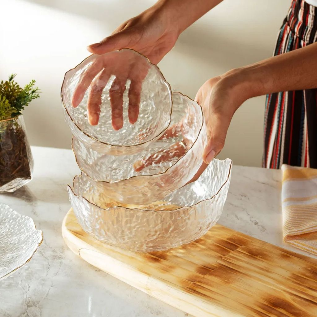 Bowl Tigela de Vidro Taj Texturizada com Fio de Ouro