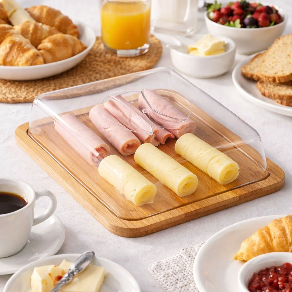 Porta Frios de Bambu com Tampa de Acrílico Grande 8x24