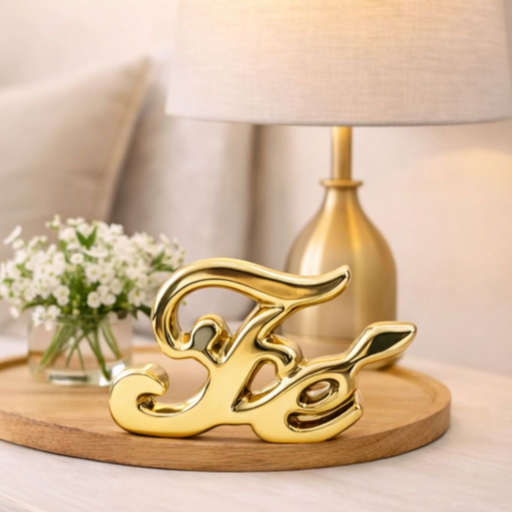 Kit Enfeite Decorativo Palavra Fé em Cerâmica Dourada