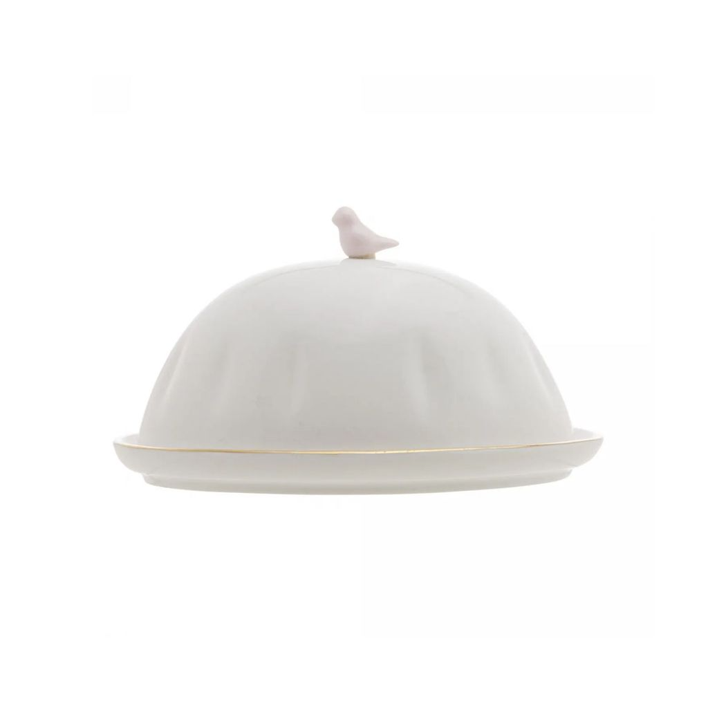 Manteigueira de Porcelana Branca Passaro Rosa e Fio de Ouro