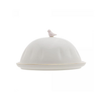 Manteigueira de Porcelana Branca Passaro Rosa e Fio de Ouro
