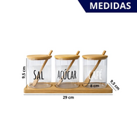 Kit porta Tempero, Sal, Açucar e Café de Vidro com Tampa de Bambu e Colher