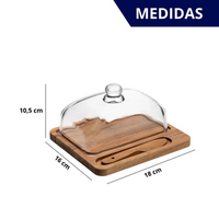 Manteigueira de Madeira com Tampa de Vidro e Faca de Madeira Grande