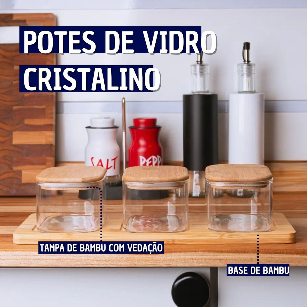 Jogo de 4 Peças Potes Hermetico de Vidro com Vedação e Basse de Bambu