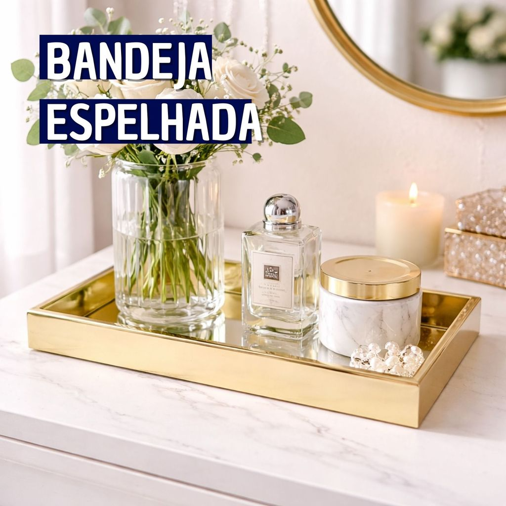 Bandeja Espelhada Retangular Dourada 25,5x14