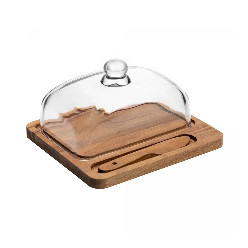 Manteigueira de Madeira com Tampa de Vidro e Faca de Madeira Grande