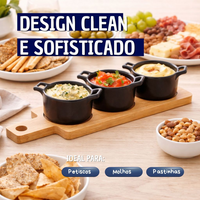 Jogo de 4 Peças Petisqueira Com Bandeja de Bambu e Panelinhas de Cerâmica