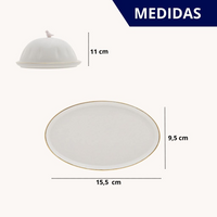 Manteigueira de Porcelana Branca Passaro Rosa e Fio de Ouro