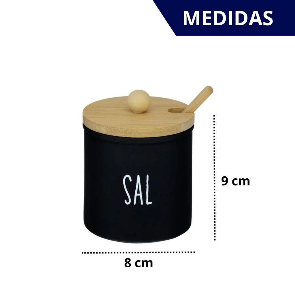 Saleiro de Vidro Preto Com Palavra Sal com Colher e Tampa de Bambu