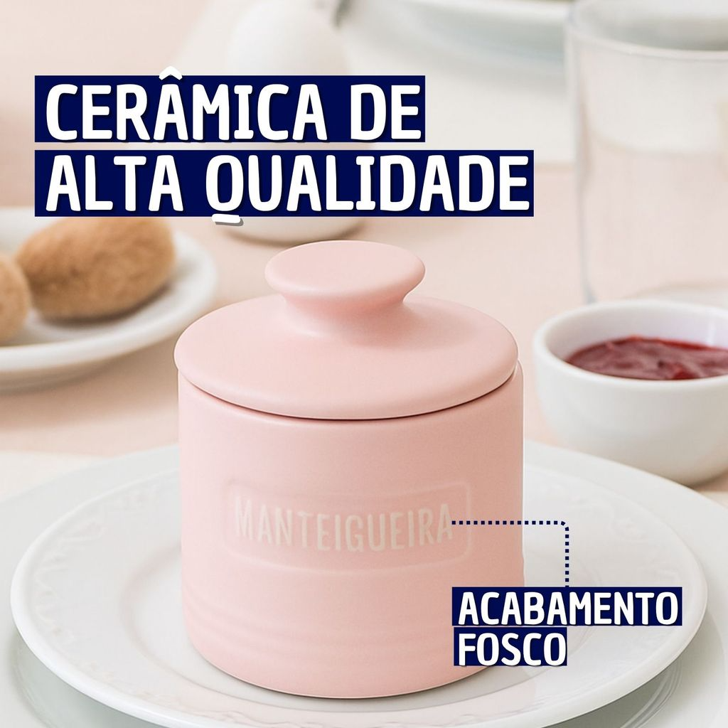 Manteigueira Francesa de Cerâmica Rosa com Tampa em Relevo