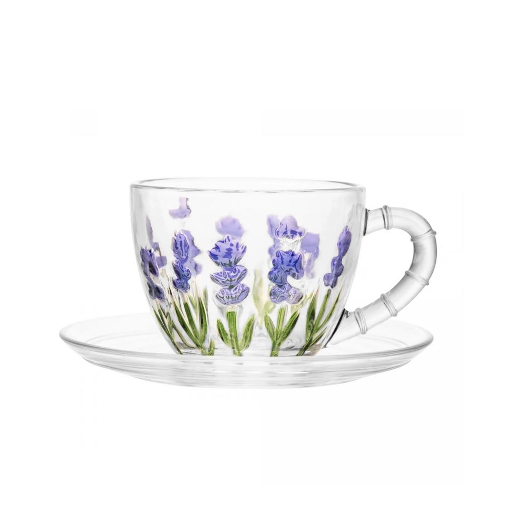 Jogo Xícara de Vidro Com Pires Pintura a Mão Flores Lavanda