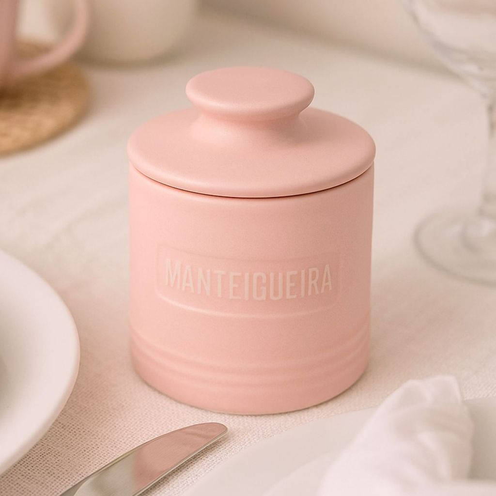 Manteigueira Francesa de Cerâmica Rosa com Tampa em Relevo