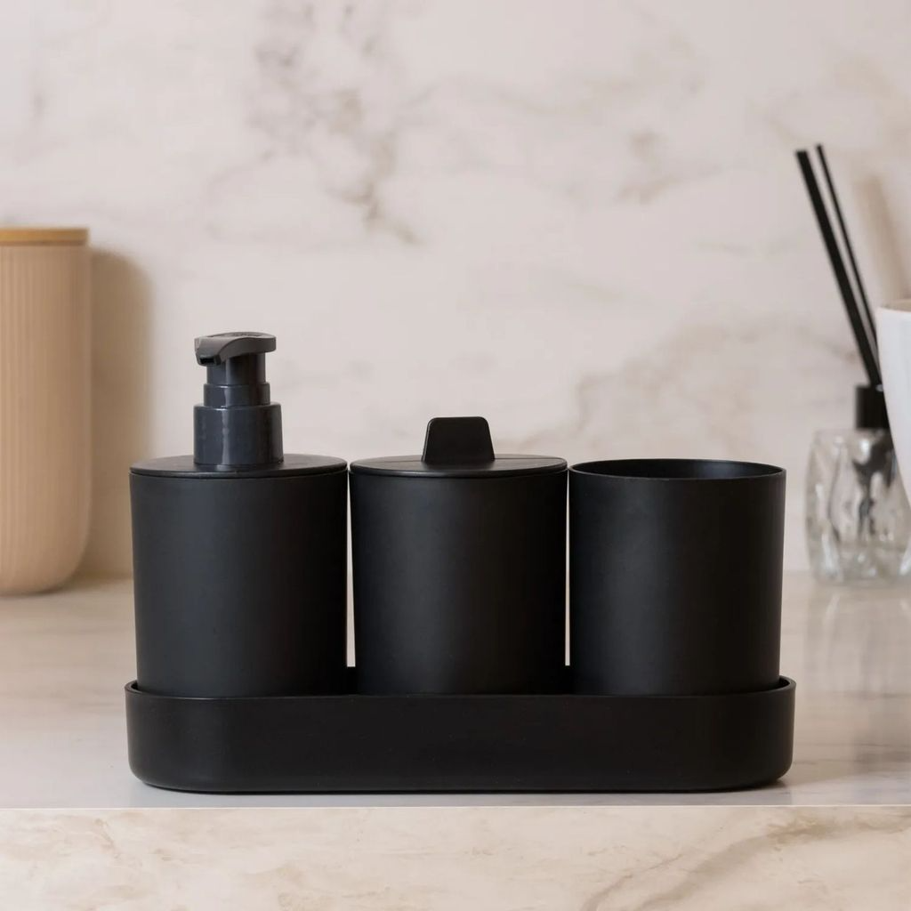 Kit Banheiro Dispenser Copo Pote com Bandeija Multiuso