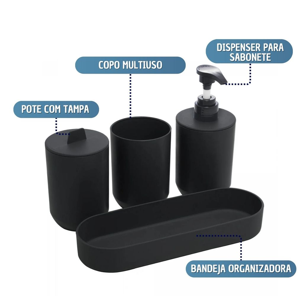 Kit Banheiro Dispenser Copo Pote com Bandeija Multiuso