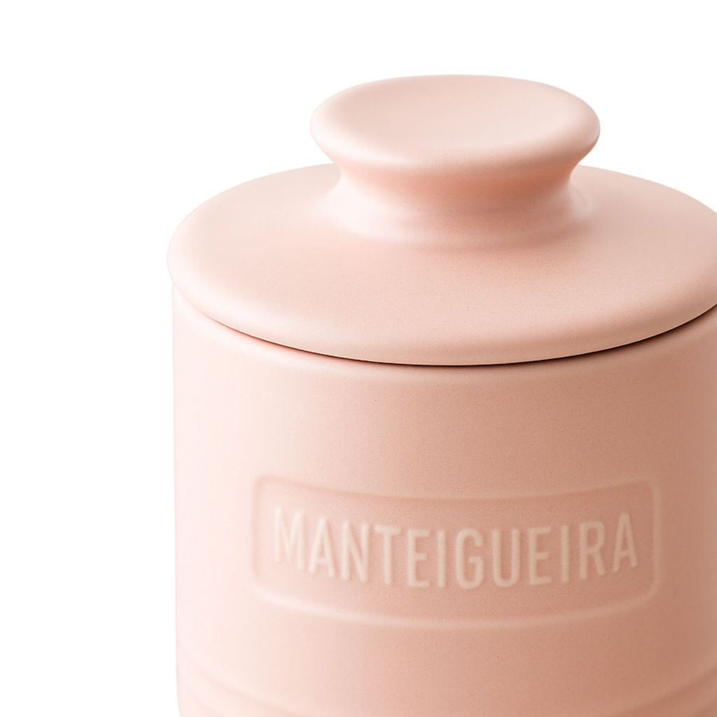Manteigueira Francesa de Cerâmica Rosa com Tampa em Relevo