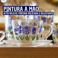 Jogo Xícara de Vidro Com Pires Pintura a Mão Flores Lavanda
