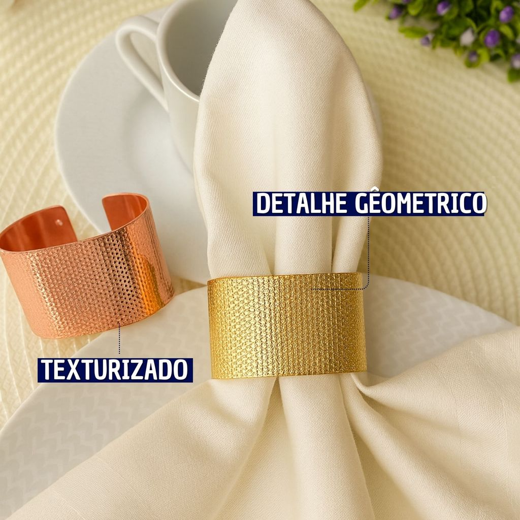 04 Anel Porta Guardanapo Metal Geométrico texturizado