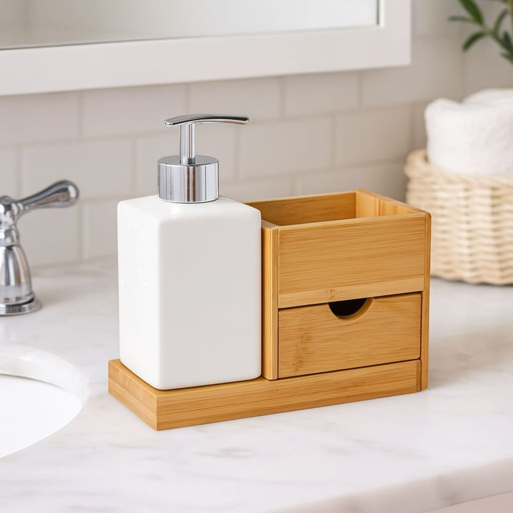 Jogo de Banheiro de Porcelana com Gavetas e Base em Bambu Chique