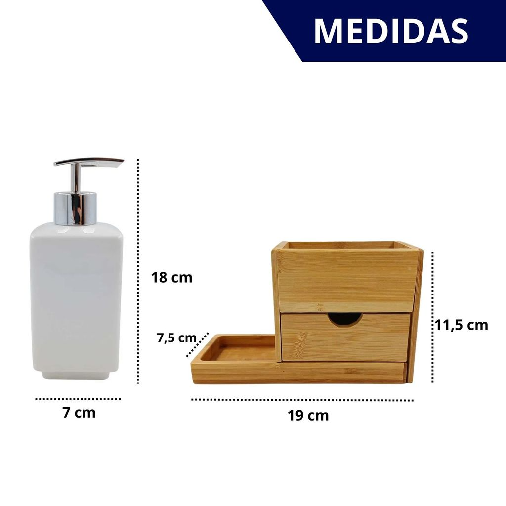 Jogo de Banheiro de Porcelana com Gavetas e Base em Bambu Chique