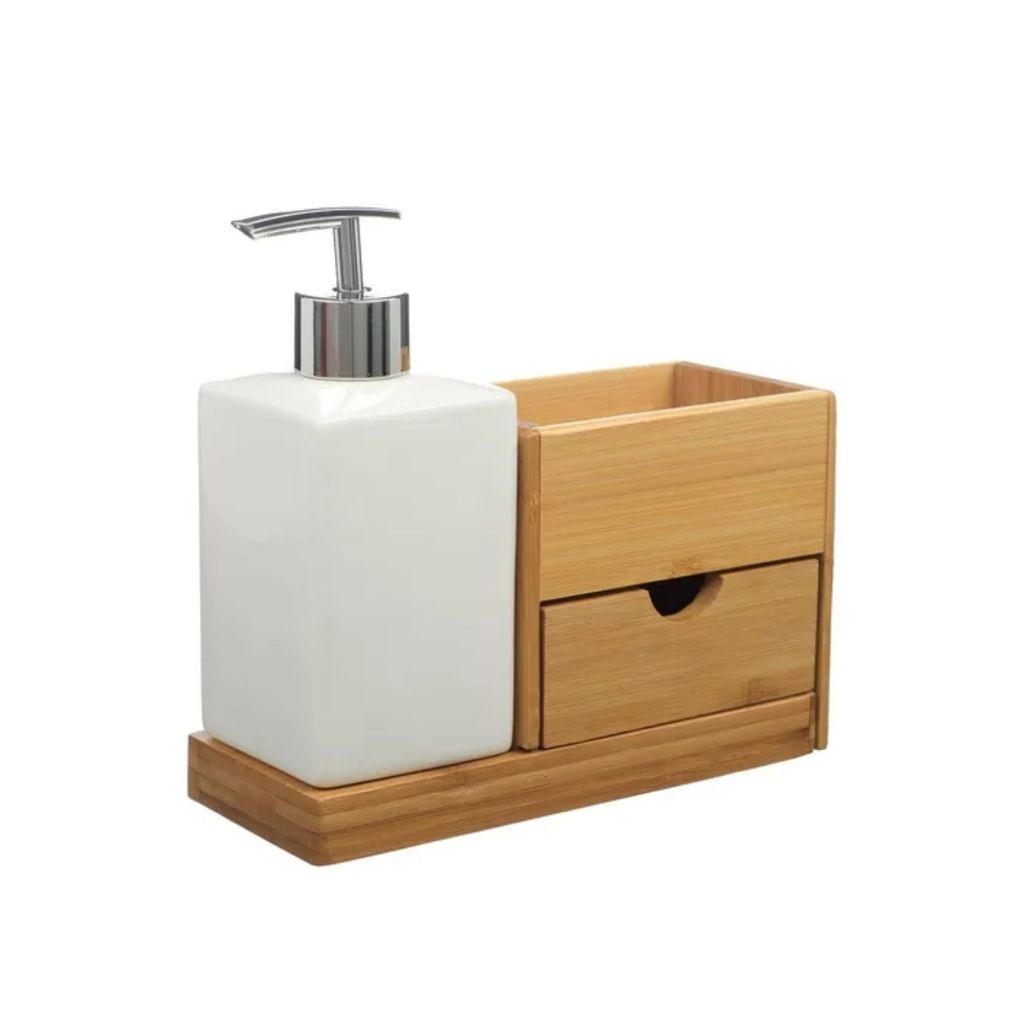 Jogo de Banheiro de Porcelana com Gavetas e Base em Bambu Chique