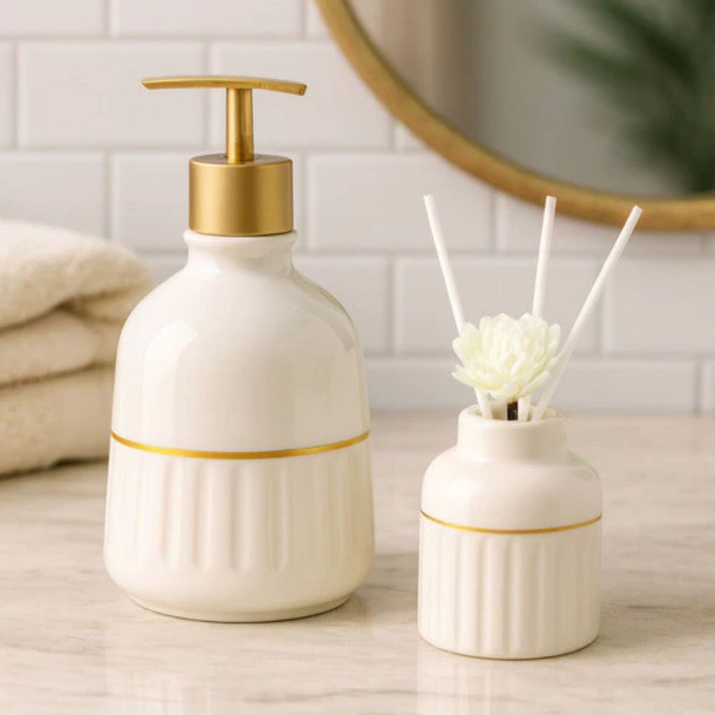 Kit Dispenser e Difusor Aromático para Banheiros em Cerâmica