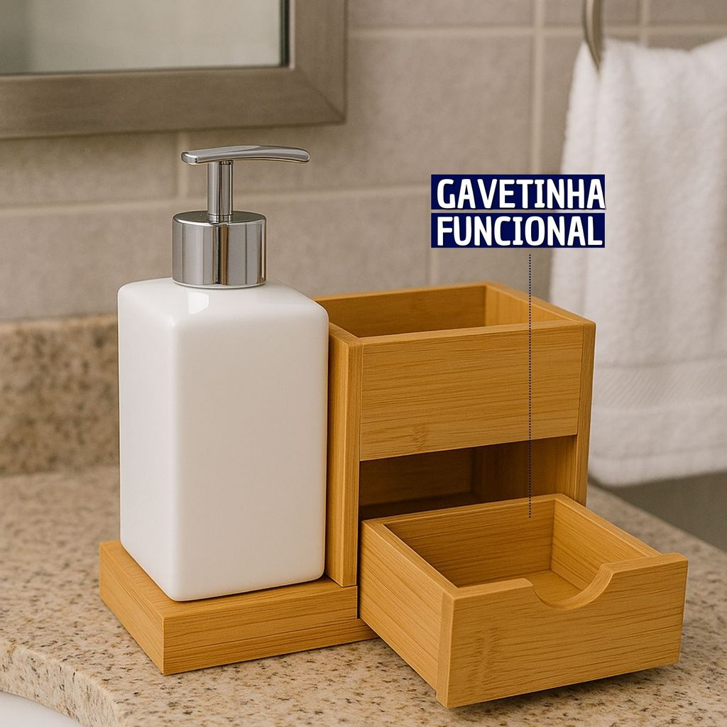 Jogo de Banheiro de Porcelana com Gavetas e Base em Bambu Chique