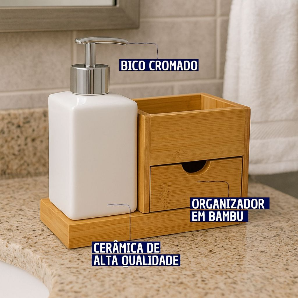 Jogo de Banheiro de Porcelana com Gavetas e Base em Bambu Chique