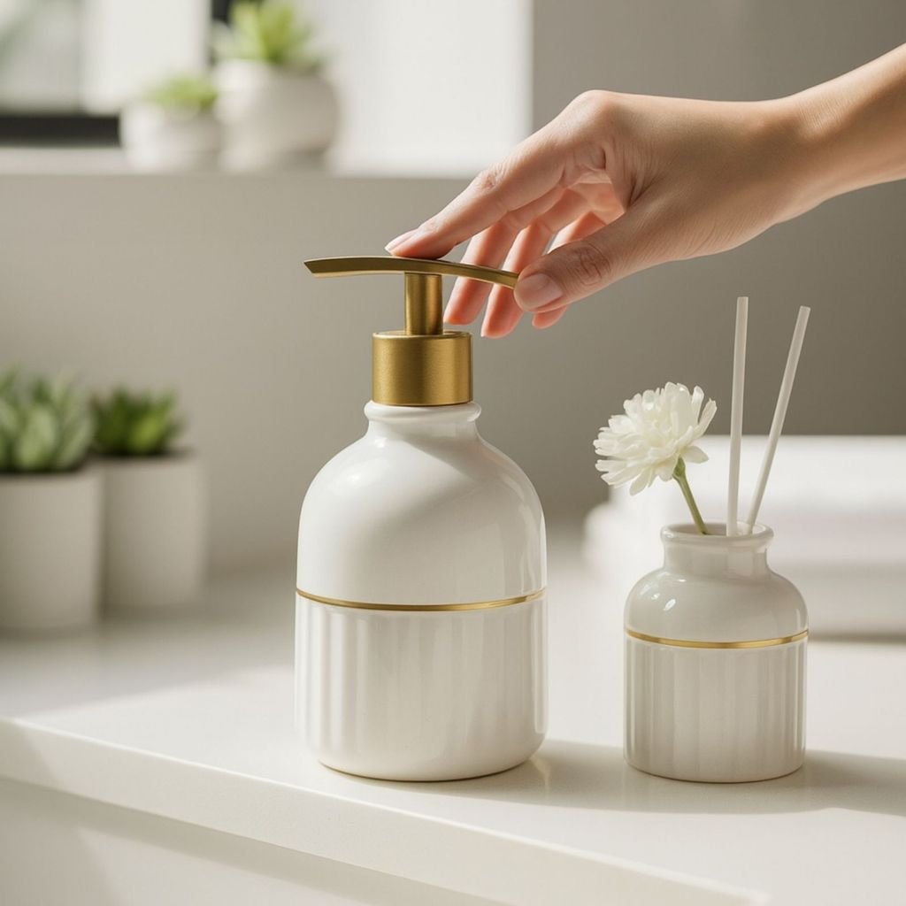 Kit Dispenser e Difusor Aromático para Banheiros em Cerâmica