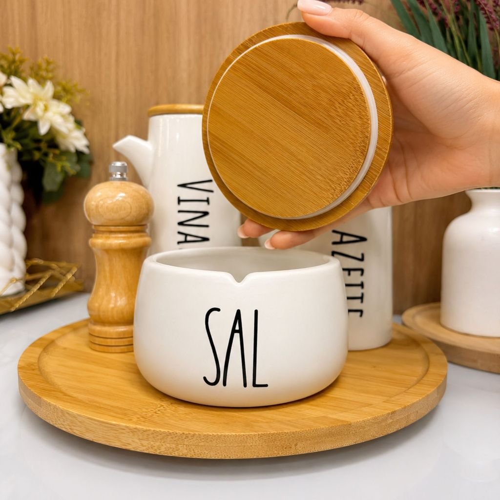 Saleiro em Cerâmica com Tampa de Bambu Minimalista