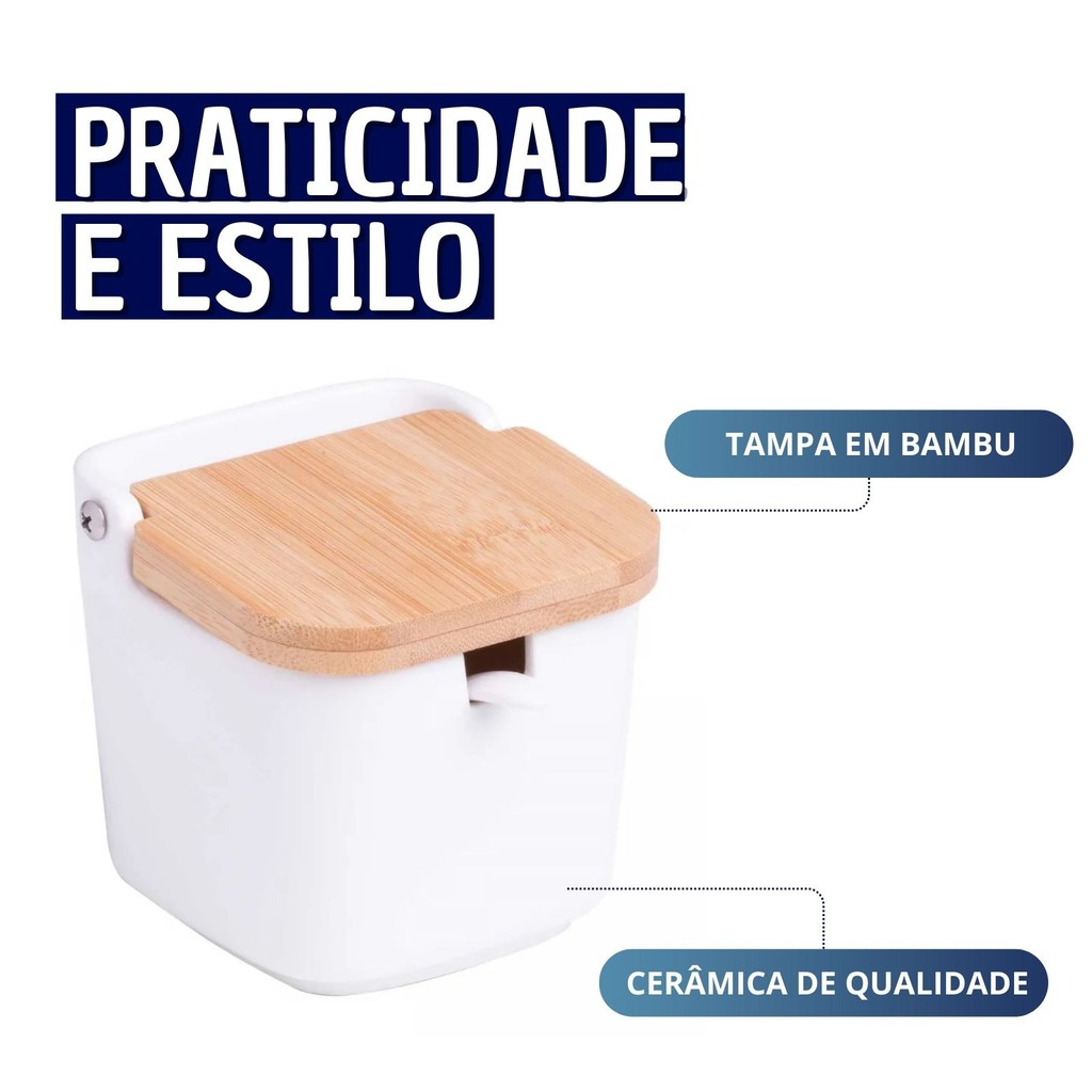 Saleiro de cerâmica e Tampa de Bambu 9x9x9