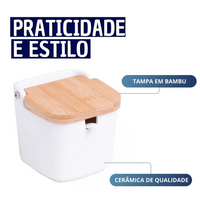 Saleiro de cerâmica e Tampa de Bambu 9x9x9